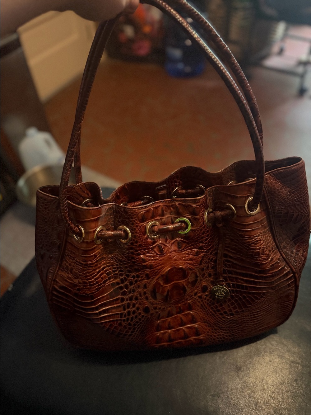 Leather Croc-Embossed Shoulder Bag - Brown